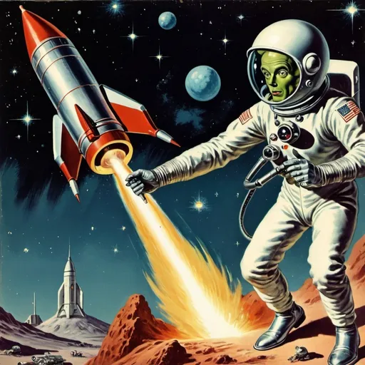 Prompt: vintage science fiction with a alien surface a rocket a 1950's astronaut firing a raygun stars in the universe
