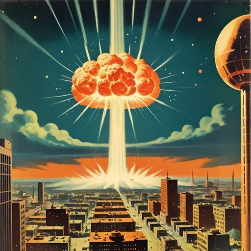 Prompt: 1950's science fiction book cover with a atom curtain and nuclear explosions over a city