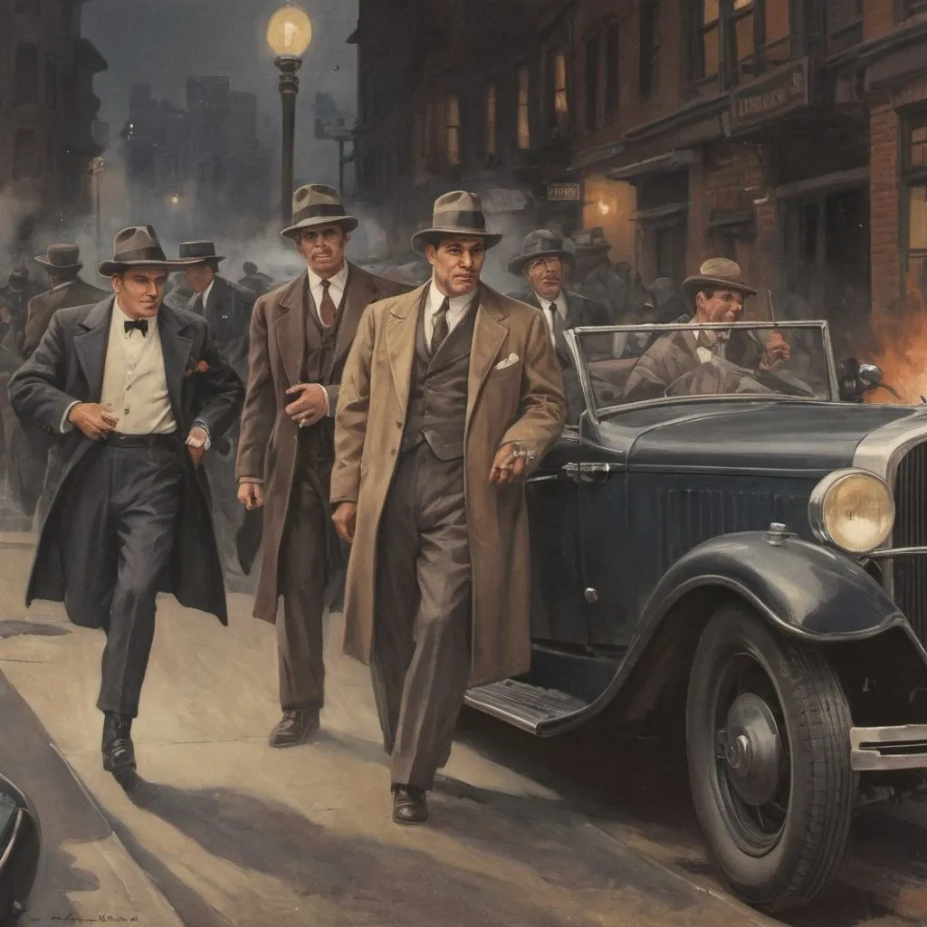 Prompt: Gangs of New York mobsters cars shootouts vintage 1930's pulp magazine cover