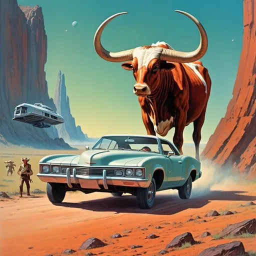 Prompt: Alien Planet with Rocky Outcrops a line of Gigantic Texas longhorn Steers running by 2 men in a space car  vintage science fiction book cover