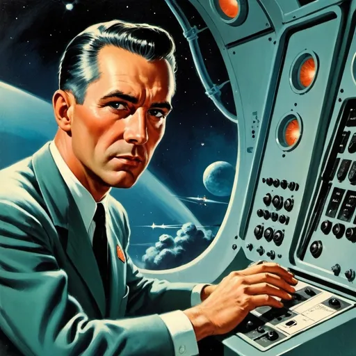 Prompt: 1950's science fiction book cover nuclear missiles and nuclear explosions with man at a control panel ace novel style