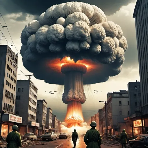 Prompt: science fiction book cover depicting a nuclear attack with mushroom cloud on a city people felleing in terror