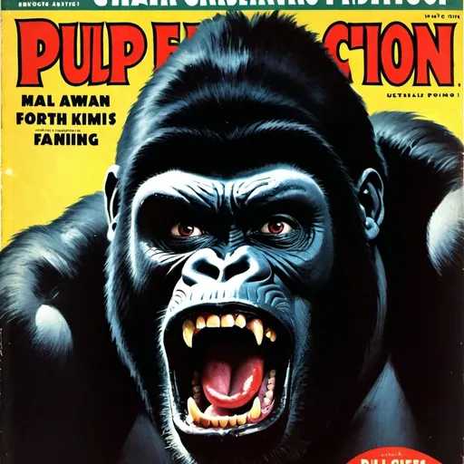 Prompt: Creepy Gorilla with mouth wide open showing huge fangs vintage 1940's horror pulp fiction magazine cover