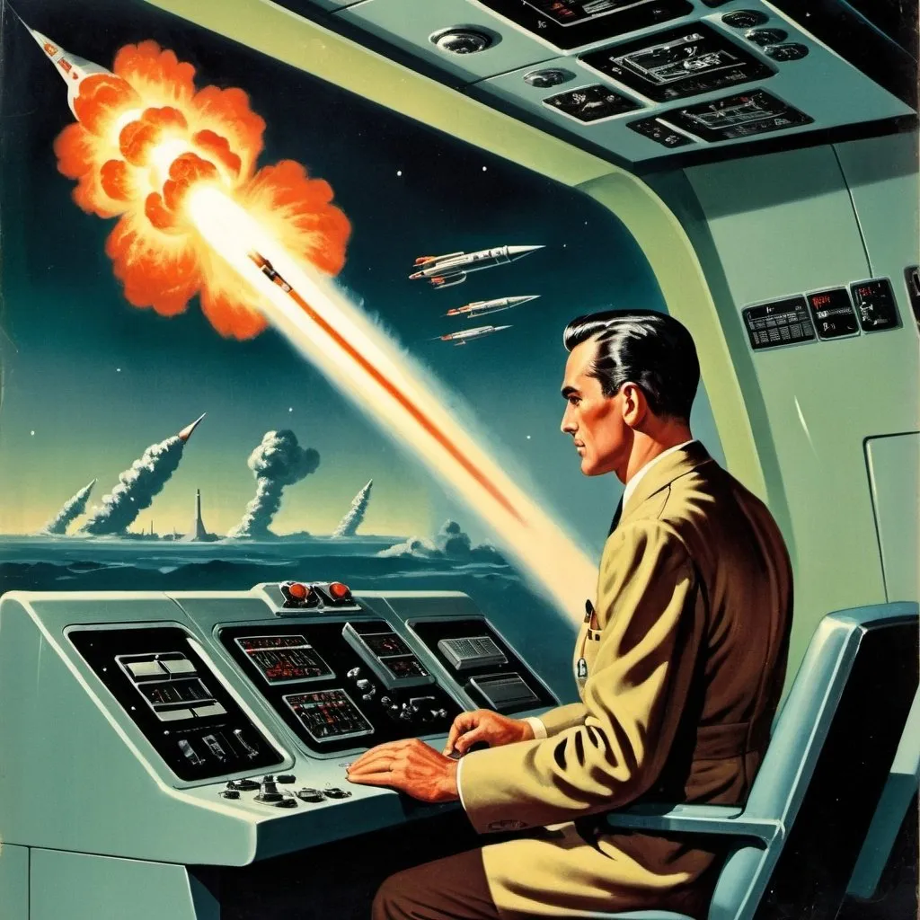 Prompt: 1950's science fiction book cover nuclear missiles and nuclear explosions with man at a control panel ace novel style