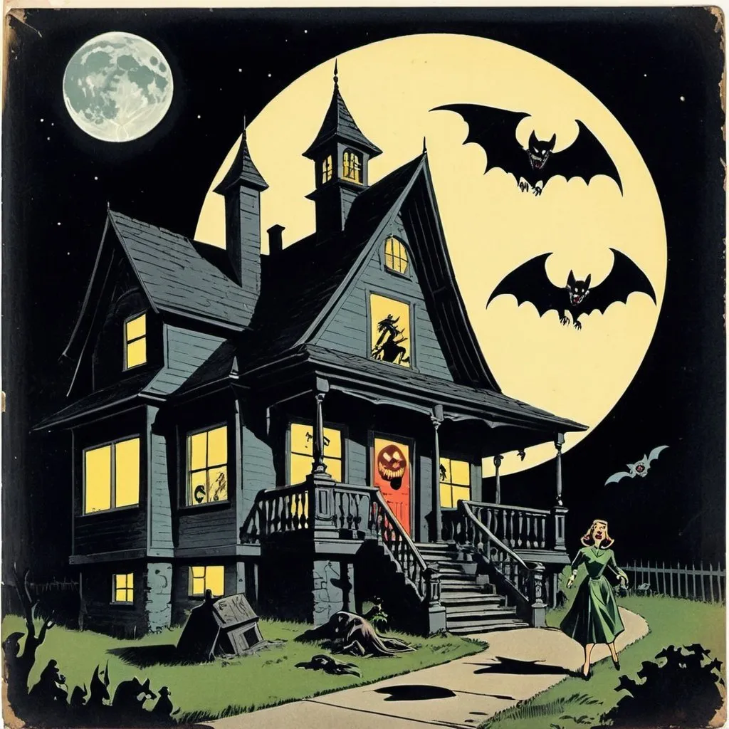 Prompt: vintage 1950's comic book haunted house with a vampire, a full moon, a werewolf and a witch flying on her broomstick
