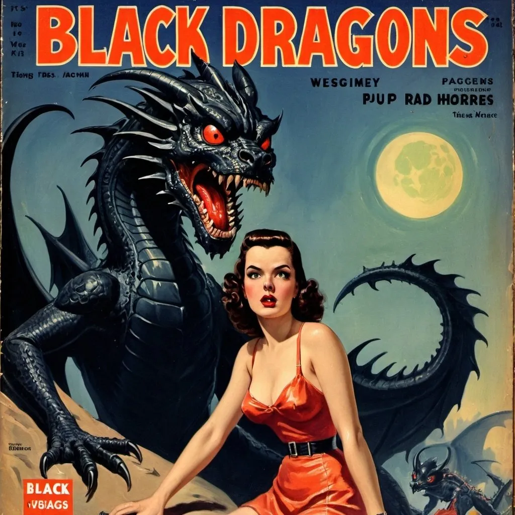 Prompt: Black Dragons  vintage 1940's horror pulp magazine cover