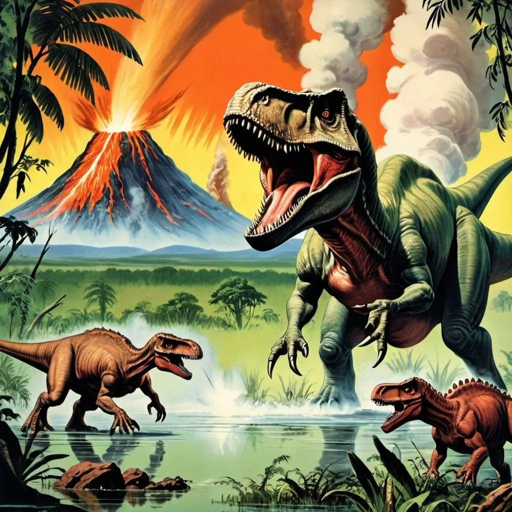 Prompt: prehistoric world with a tyrannosaurus rex fighting a triceratops with a brontosaurus in a swampy lake a erupting volcano a jungle and pterodactyls vintage science fiction book cover