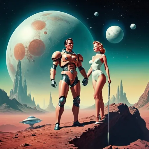 Prompt: Man with space weapon and beautiful woman on Planet Titan, 2 moons in the sky, 1950's vintage sci-fi, highres, ultra-detailed, futuristic-sci-fi, intense action, retro-futuristic, vintage style, vibrant colors, atmospheric lighting, detailed characters, classic science fiction, dramatic pose, futuristic technology, beautiful female, dual moons, planetary landscape, professional illustration, vibrant atmosphere
