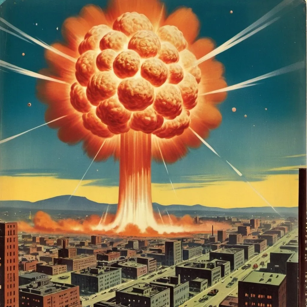 Prompt: 1950's science fiction book cover with a atom curtain and nuclear explosions over a city