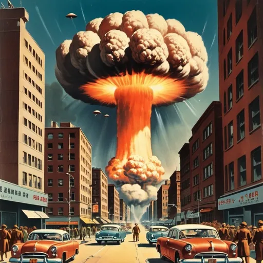 Prompt: science fiction book cover depicting a nuclear attack with mushroom cloud on a city people felleing in terror from the 1950's