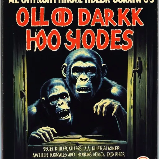 Prompt: old dark house hidden passageways secret panels dead bodies and a killer ape vintage horror dvd cover