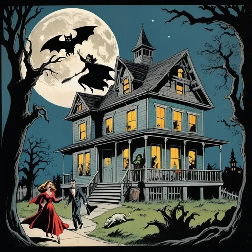 Prompt: vintage 1950's comic book haunted house with a vampire, a full moon, a werewolf and a witch flying on her broomstick
