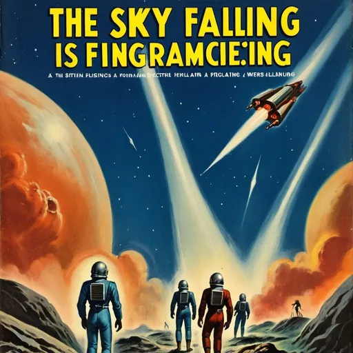 Prompt: the sky is falling ppl screaming vintage science fiction book cover