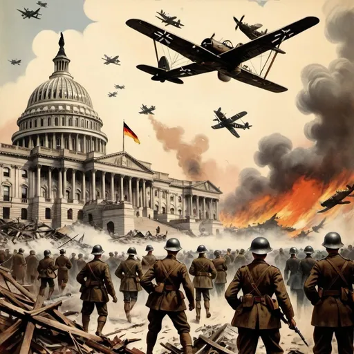 Prompt: World War One German Invasion of the United States With The U.S. Capitol in Ruins German Fighters overhead people fleeing in terror Vintage book cover