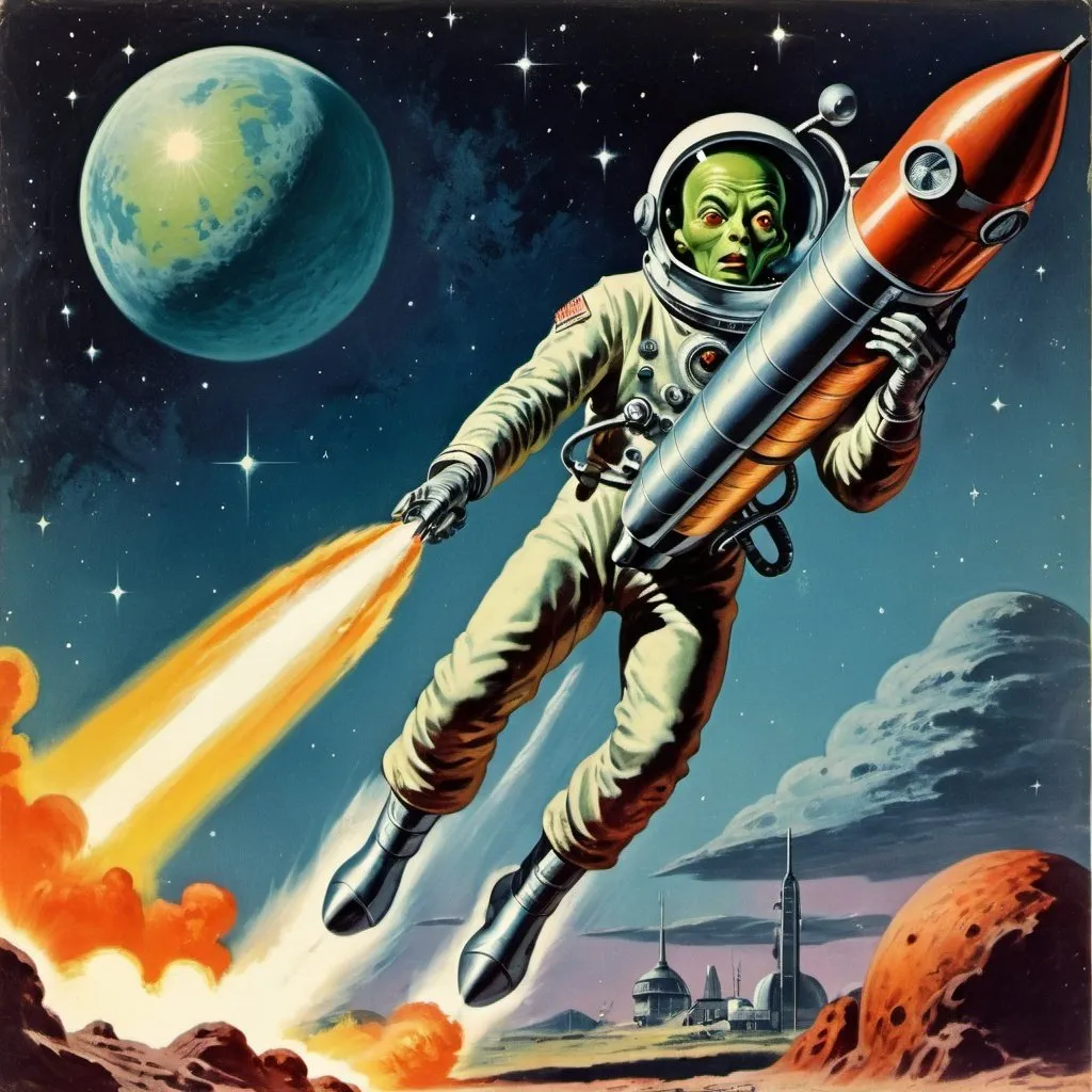 Prompt: vintage science fiction with a alien surface a rocket a 1950's astronaut firing a raygun stars in the universe
