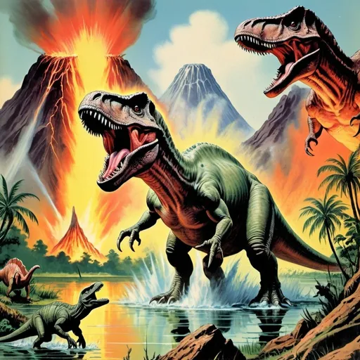 Prompt: prehistoric world with a tyrannosaurus rex fighting a triceratops with a brontosaurus in a swampy lake a erupting volcano a jungle and pterodactyls vintage science fiction book cover