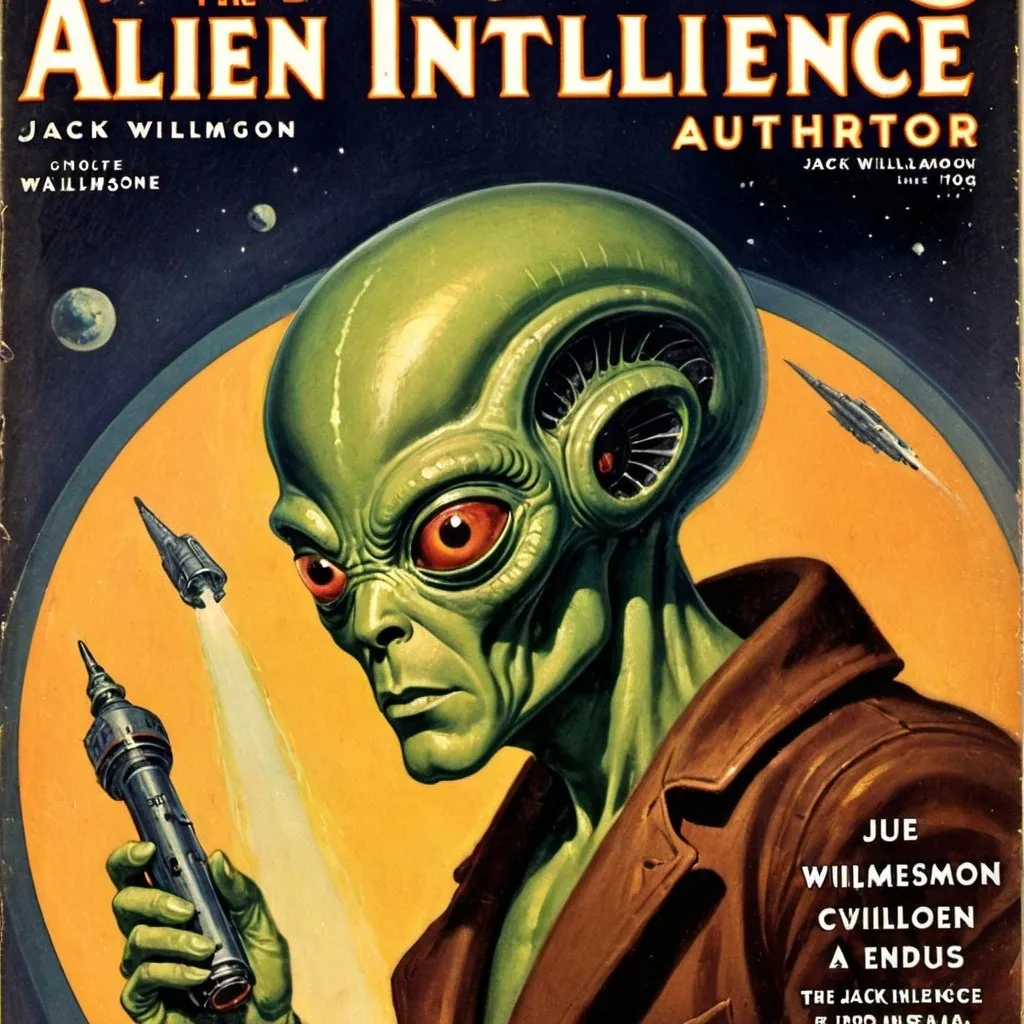 Prompt: The Alien Intelligence Author Jack Williamson Vintage 1920's Science fiction pulp magazine cover