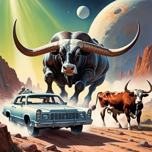 Prompt: Alien Planet with Rocky Outcrops a line of Gigantic Texas longhorn Steers running by 2 men in a space car  vintage science fiction book cover