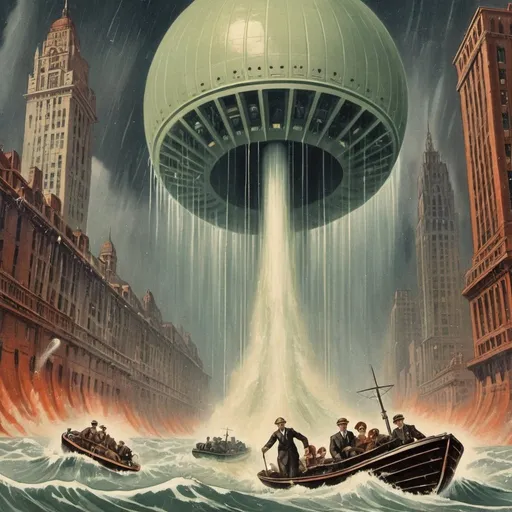 Prompt: 1920's science fiction book cover depecting a worldwide deluge with people terrified