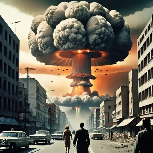 Prompt: science fiction book cover depicting a nuclear attack with mushroom cloud on a city people felleing in terror