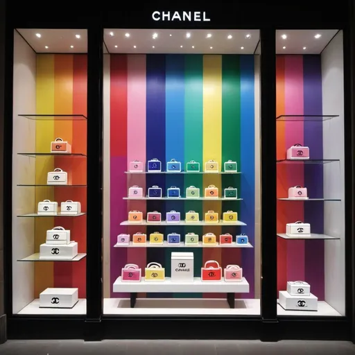 Prompt: a window display with rainbow colors for CHANEL brand