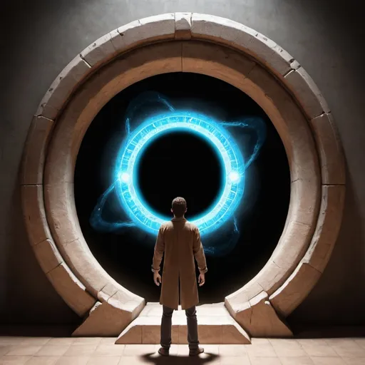 Prompt: A man loking throw a portal in adimention with only portals