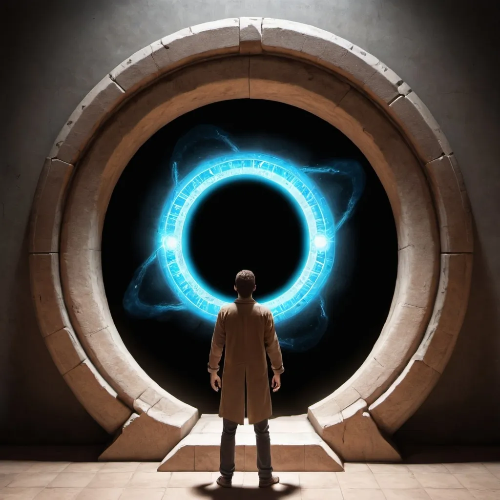Prompt: A man loking throw a portal in adimention with only portals