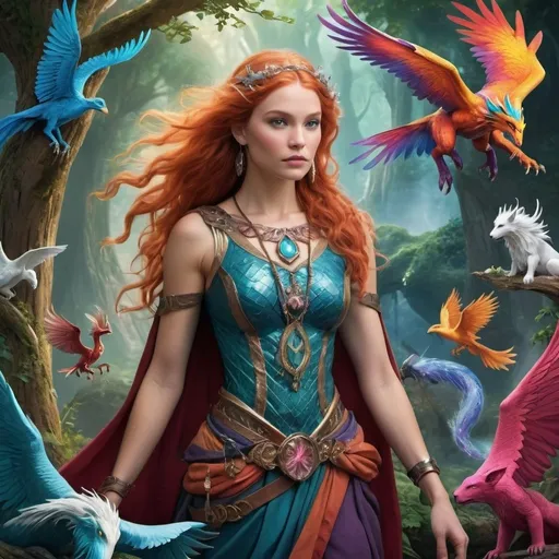 Prompt: Craft a captivating fantasy scene featuring powerful and inspirational women. Envision a majestic setting where mythical creatures roam, and magic fills the air. Showcase the best women from diverse backgrounds, each possessing unique skills and strengths. Capture their resilience, determination, and grace as they navigate this enchanting world. Infuse the scene with vibrant colors, intricate details, and fantastical elements to transport viewers to a realm of wonder and empowerment