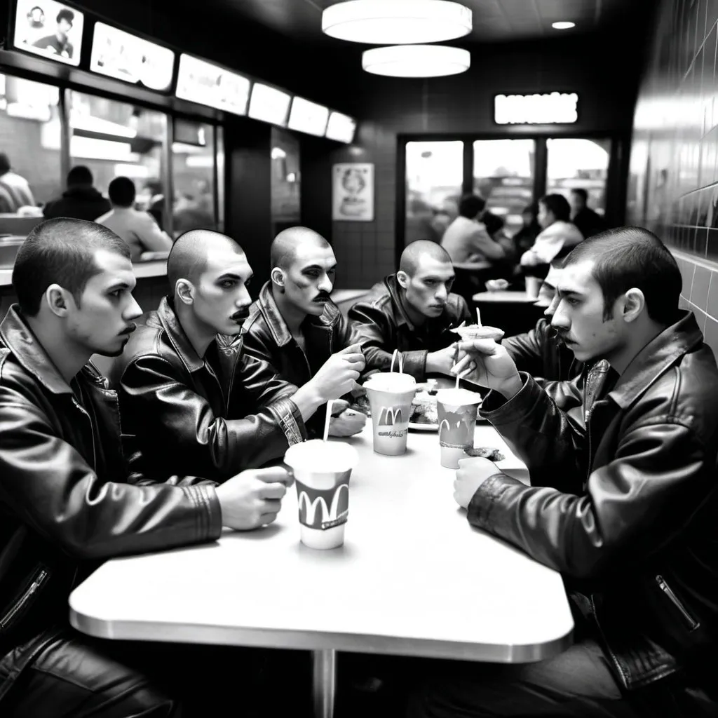 Prompt: A gang of criminals having lunch in a macdonalds