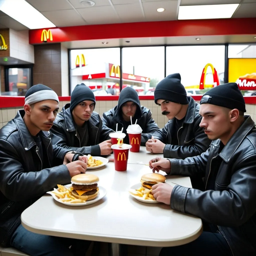 Prompt: A gang of criminals having lunch in a macdonalds