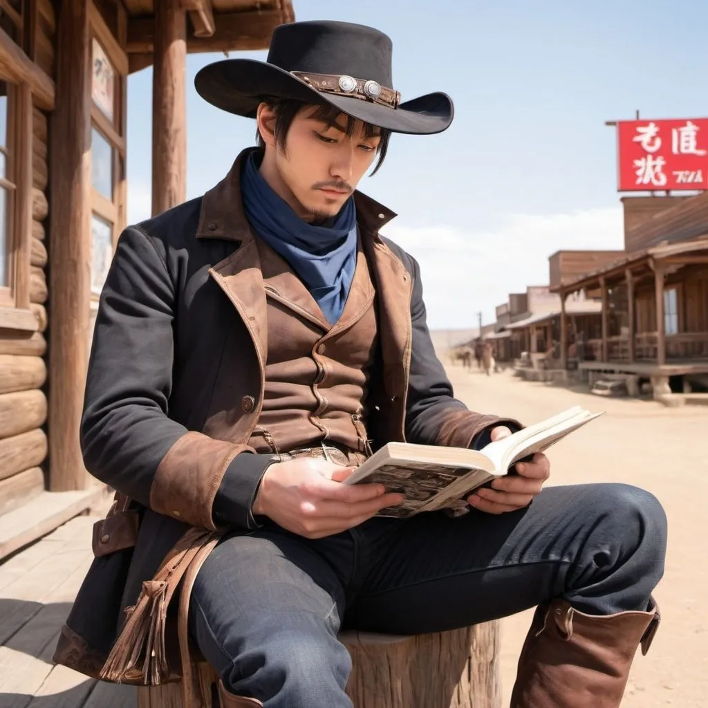 Prompt: Reading manga in the wild west