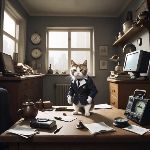 Prompt: Gato tipo Johnny English (Personaje secundario): Este gato tiene una postura torpe pero confiada. Lleva un traje de espionaje algo desajustado, con un par de botas grandes que le quedan un poco grandes. Está parado sobre una mesa, mirando una brújula que está completamente desorientada (en lugar de apuntar al norte, apunta a cualquier dirección). El gato tiene una mirada de "confío en mi suerte", pero está en una situación claramente cómica, como si estuviera a punto de tropezar con un objeto cercano. En una esquina, hay una pizarra con un "plan maestro" escrito, pero los diagramas son completamente ilógicos.