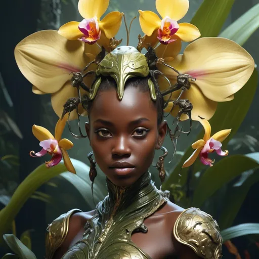 Prompt: African majestic girl queen closeup, detailed eyes 3 of the kingdom of insects in a defensive posture, with a latex suit and in the shape of an intricate ornament made of different orchids and the shape of Gryllus religiosa Linnaeus, she in her of giant animals, surrounded by all kinds of insects, concept art, Jean-Honoré Fragonard, karol bak, artgerm, volumetric lighting, , Plasmaglobe lighting, unreal engine, photorealism, 8k