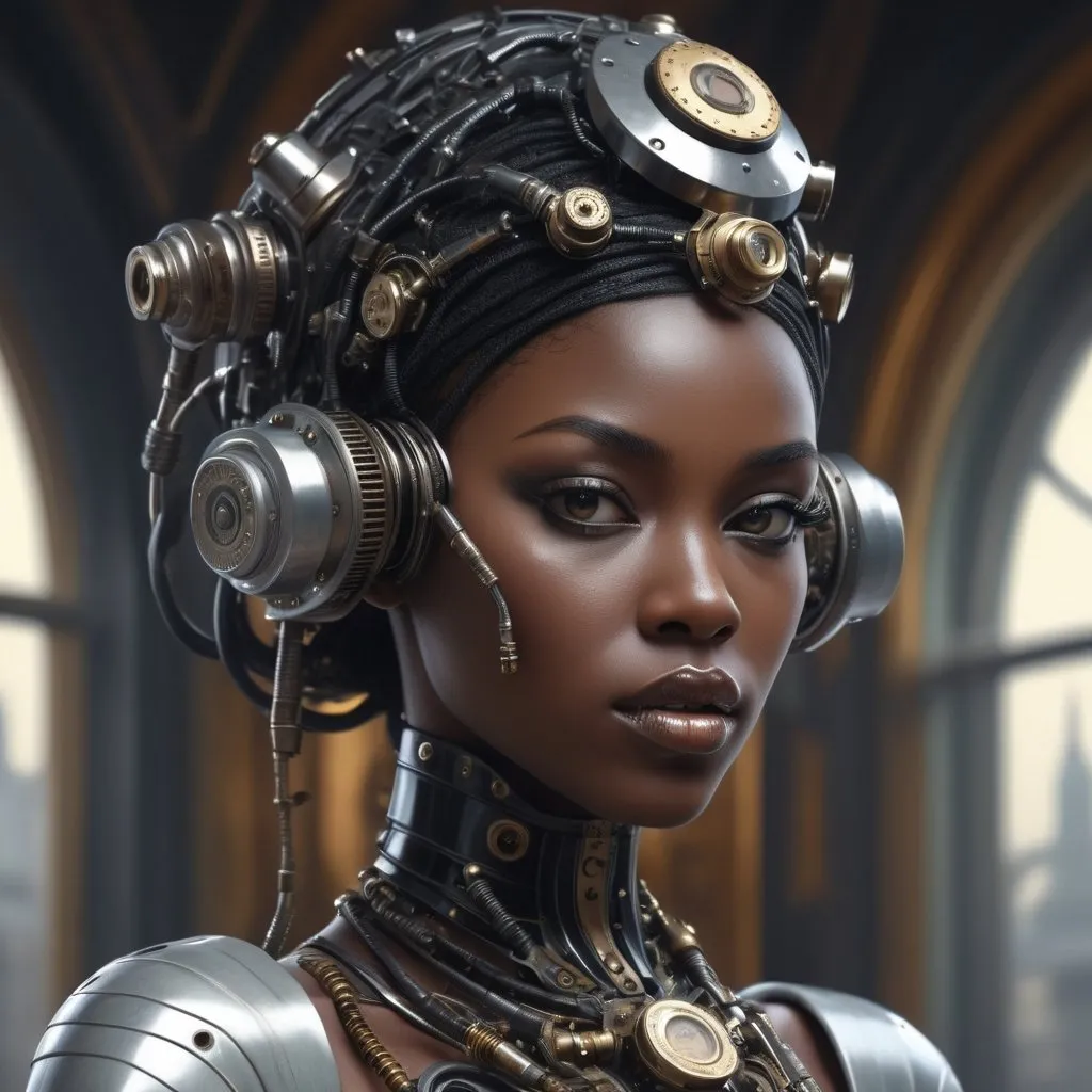 Prompt: Dark glossy porcelain sculpture of a A beautiful Black woman with highly detailed retrofuturistic mechanical very hyper-realistic made from metal:1.2), by (Tom Bagshaw and Greg Rutkowski:0.9), fantasy concept art, African by Greg Rutkowski and filip hodas, dieselpunk, 70mm photo, featured on artstation, 4k, octane render