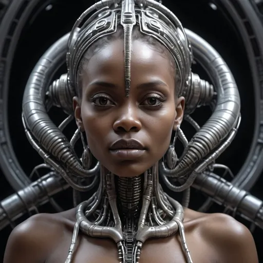 Prompt:   african woman who is merged with machine in the style of H.R. Giger in hyper realism, 4k, octane
