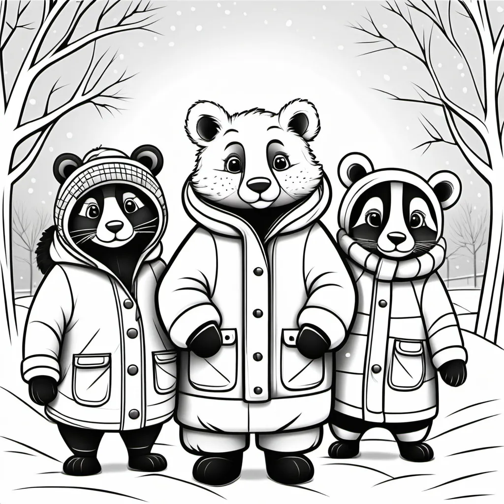 Prompt: B&W coloring book page, animals wearing winter clothes, line art, snowy  background