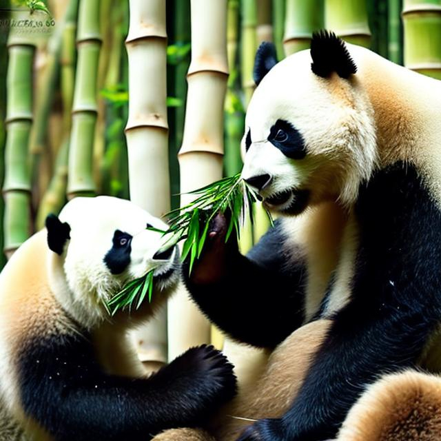 Prompt: Pandas eating bamboo in disappearing forest, humans aiding, detailed fur with warm reflections, lush greenery, high quality, realistic, conservation theme, disappearing habitat, heartwarming interaction, detailed bamboo, wildlife preservation, natural lighting, hope, lush forest, heartwarming, bamboo disappearing, humans caring, detailed fur, detailed bamboo, high quality, conservation theme, natural lighting