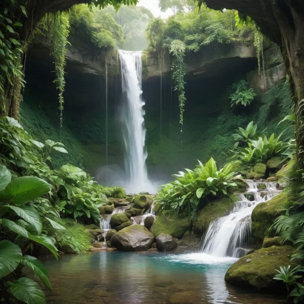 Prompt: magical waterfall with lots of greenery