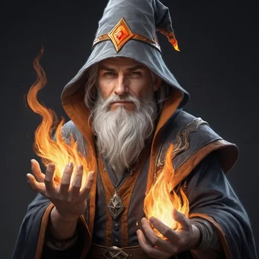 Prompt: hyper-realistic character with fire hands, fantasy character art, male, human, illustration, dnd, wizard, warm tone, gray hair, gray beard, Wizard's Hat
