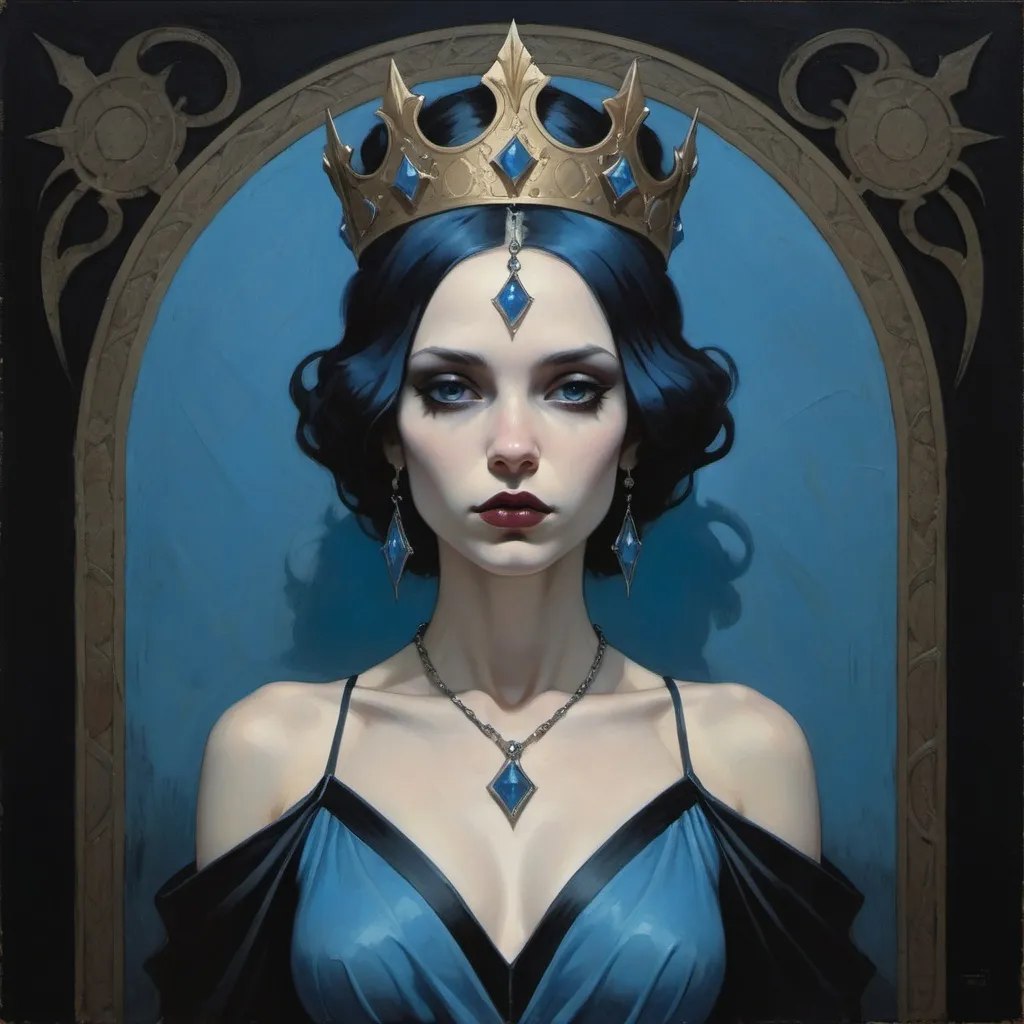 Prompt: a woman with a crown on her head and a blue dress on her body, with a black background, Art of Brom, gothic art, matte fantasy painting, an art deco painting