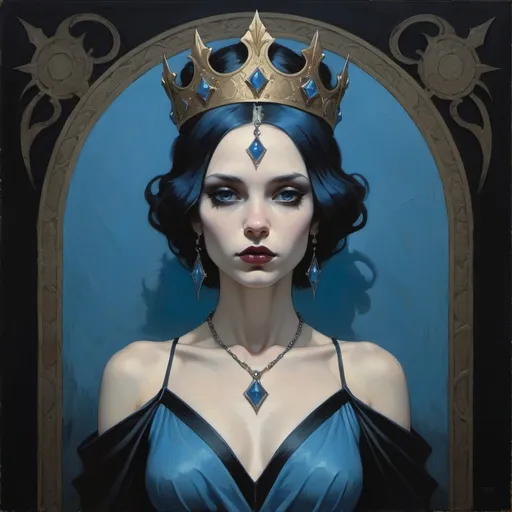 Prompt: a woman with a crown on her head and a blue dress on her body, with a black background, Art of Brom, gothic art, matte fantasy painting, an art deco painting
