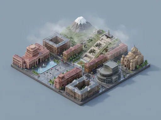 Prompt: Present a clear, 45° top-down isometric miniature 3D cartoon scene of Yerevan, featuring its most iconic landmarks and architectural elements. Use soft, refined textures with realistic PBR materials and gentle, lifelike lighting and shadows. Integrate the current weather conditions directly into the city environment to create an immersive atmospheric mood.
Use a clean, minimalistic composition with a soft, solid-colored background.