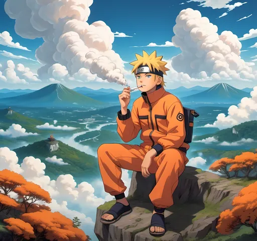 Prompt: (naruto happily smoking a joint), vibrant colors, whimsical background filled with fluffy clouds and vivid landscapes, cheerful atmosphere enhanced by soft light, playful expression on naruto's face, wearing iconic orange jumpsuit, relaxed pose, emphasizing carefree vibe and enjoyment, ultra-detailed, high quality, warm lighting.