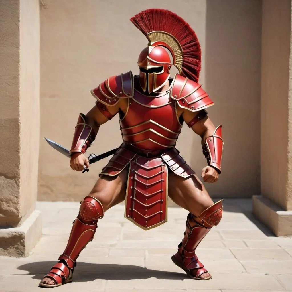 Prompt: Please generate a photo of a Trojan soldier, wearing red armor, shaking leg