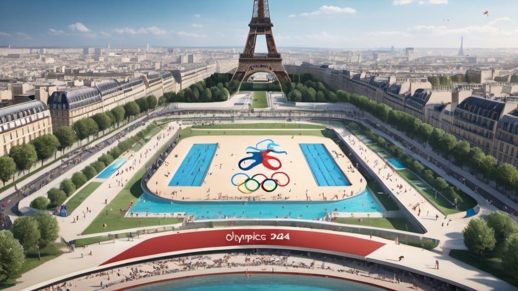 Prompt: Olympics 2024 lots of sport activities including diving, boxing, swimming, running and javelin drawing with Eiffel Tower in background
