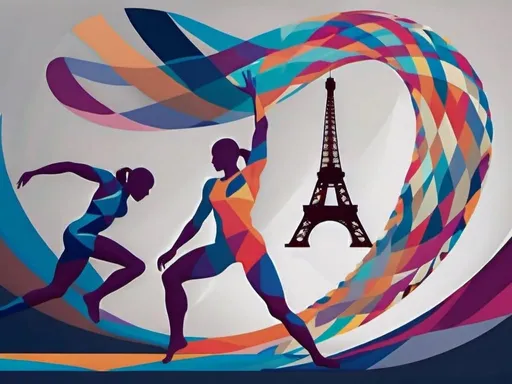 Prompt: Olympics 2024 lots of sport activities 
Motif of circles including diving, boxing, swimming, running and javelin drawing with Eiffel Tower in background
