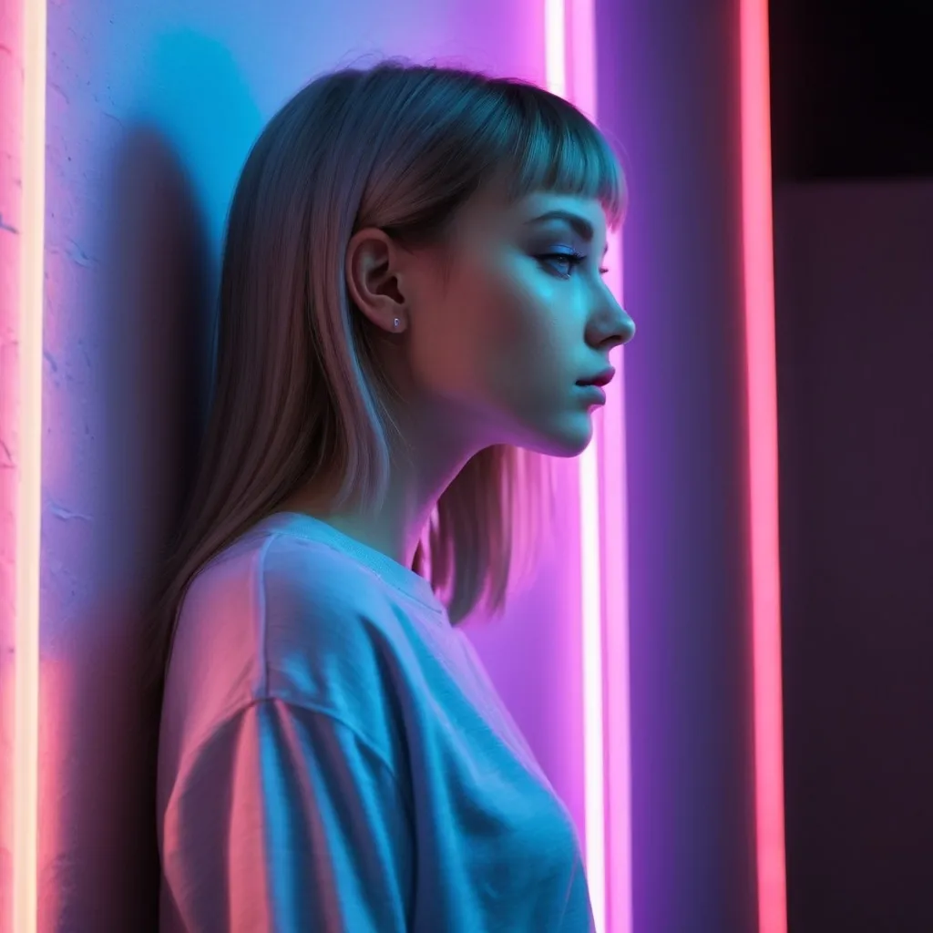 Prompt: Pastel girl leaning against the wall in profile with neon lights in the background, realistic, detailed clothing