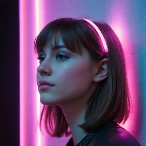 Prompt: closeup of a pastel girl's face who's leaning against the wall in profile with neon lights in the background