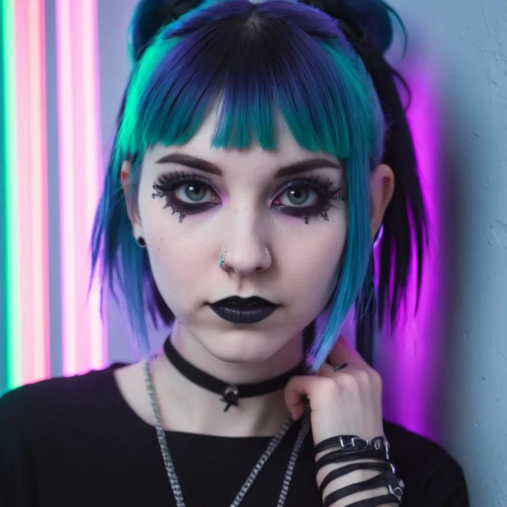 Prompt: closeup of a pastel goth girl's face who's leaning against a wall with neon lights in the background