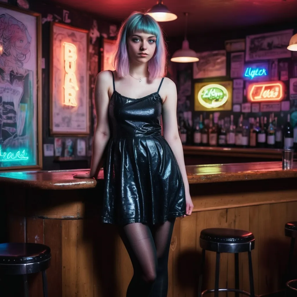 Prompt: A pastel grunge girl showing off her dress in a bar in Germany, neon lights in the background, wearing black tights, detailed clothing, realistic, natural lighting, full body